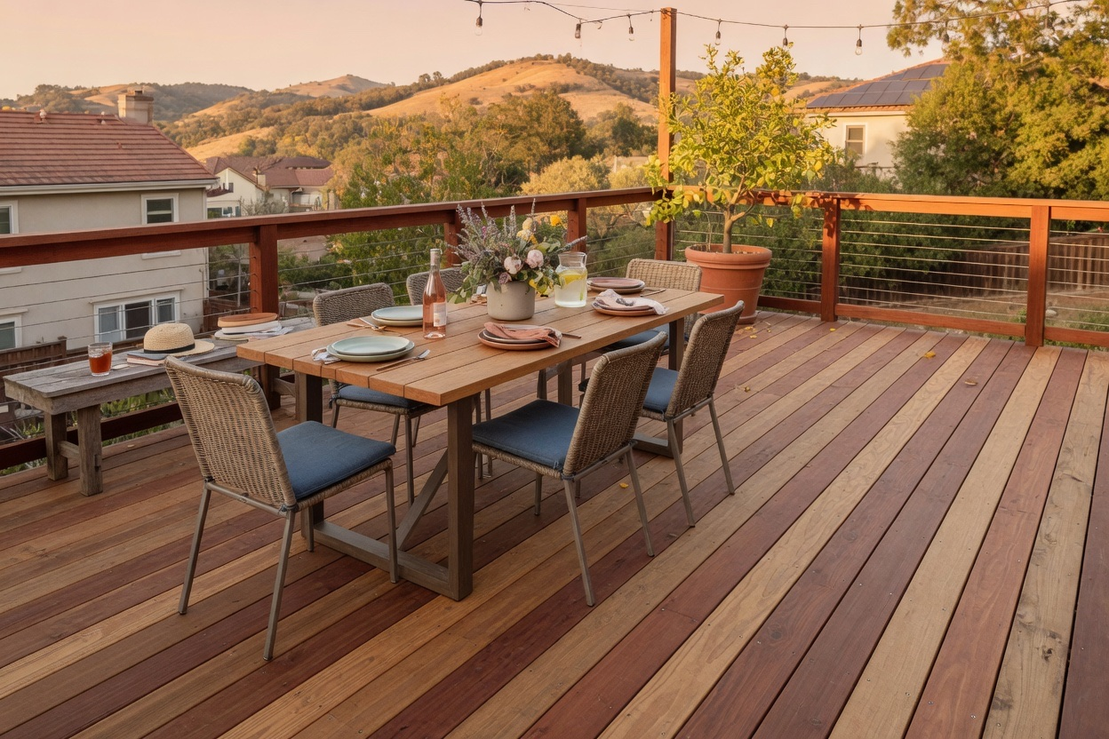 Wooden backyard deck with dining table at sunset