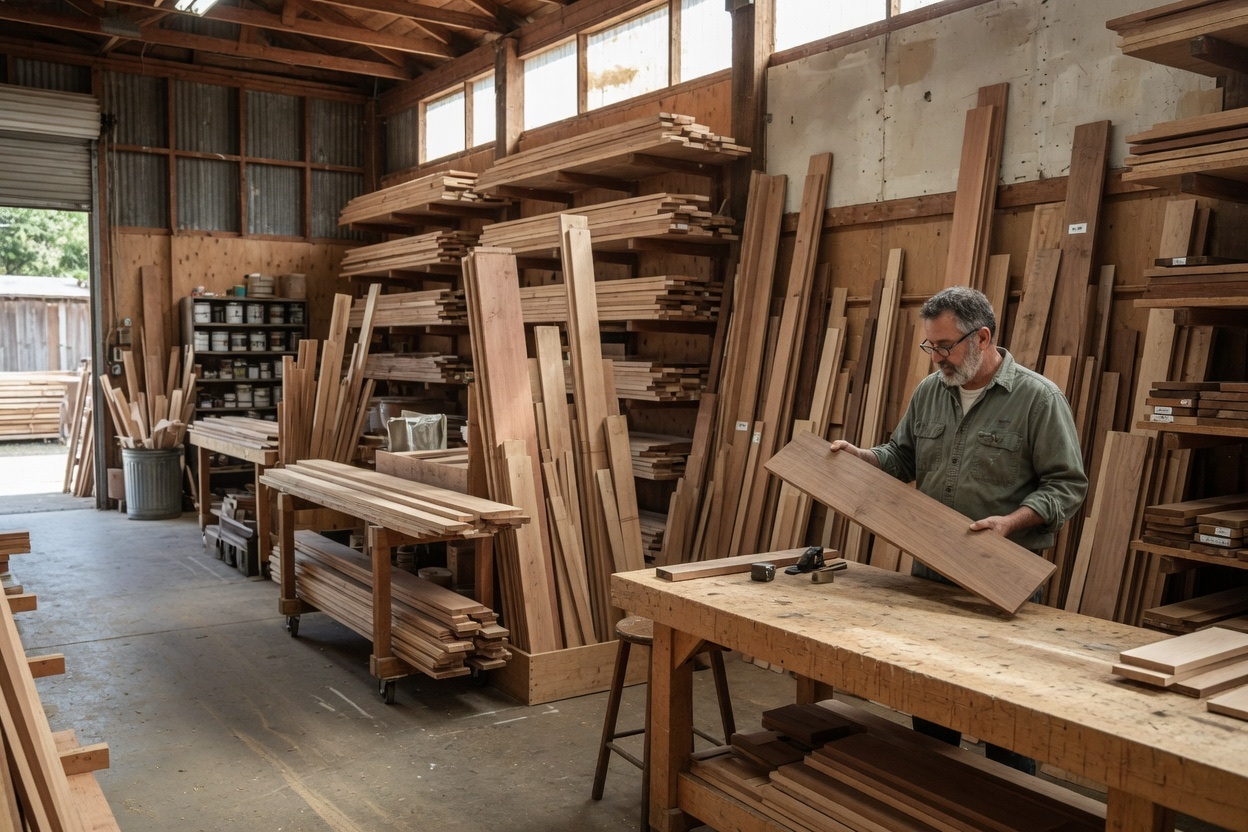 Craftsman inspecting a wood sample in a lumberyard showroom